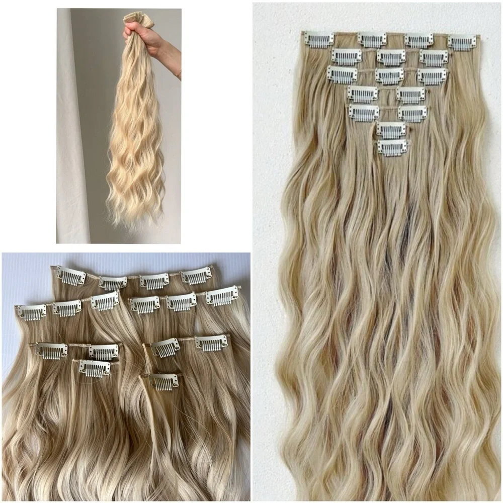 Human hair blend 24 In Clip in light Ash Blonde Wavy Hair Extensions